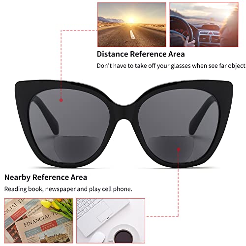 JM Classic Bifocal Reading Glasses Oversized Cateye Stylish Sunglasses Readers for Women Black +2.0 - Image 4