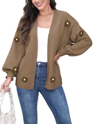 Women's Boho Crochet Cardigan Oversized Open Front Long Sleeve Floral Embroidery Knit Sweater