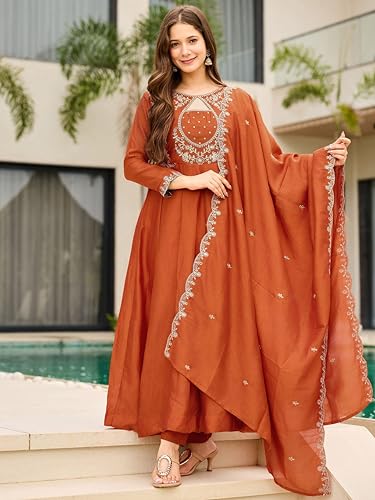 Image of Silk Anarkali Kurta Set, Rust Orange, Embroidered, 3-Piece with Dupatta, Women's Festive Wedding Ethnic Wear.