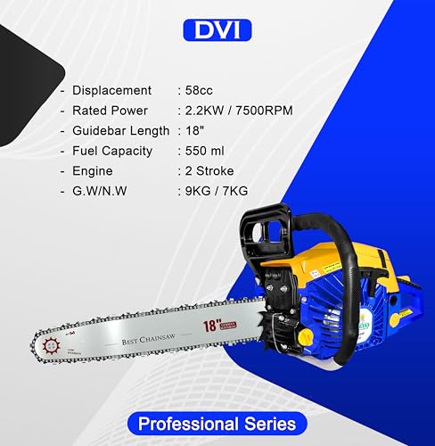 Image of DVI 5800 Heavy Duty Chain Saw with 58 CC, 2 Stroke Petrol Engine Power & 18 inchinch Blade /Bar Cordless Chain Saw Cuttingsaw For Farm, Garden & Professional Use.