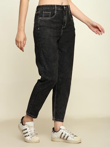 Image of Zayla Women's Mom Fit Cloud Wash Jeans I Full-Length Denim Stretchable High Waist Pant with Curved Pocket I Clean Solid Loose Fit Pants I for Everyday Office Party Girls