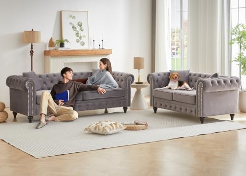 Image of 2 Piece Living Room Sofa Set, Velvet Button Tufted Couch and Loveseat Set with Nailhead Trim&Roll Armrests, Mid Century Modern Chesterfield Sofa for Living Room, Office(Loveseat+3 Seater, Light Grey)