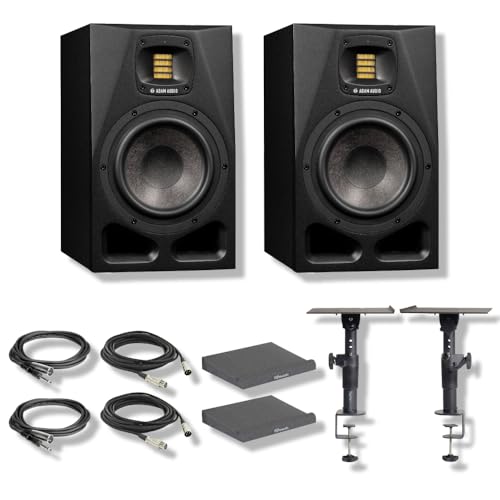 Image of Adam Audio A7V Studio Monitor (Pair) with Clamp-On Studio Monitor Stands, Large Isolation Pads, Balanced Interconnect Cables, and XLR Cables