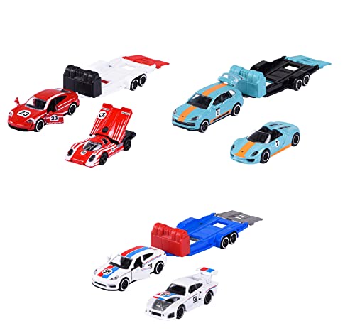 Majorette - Porsche Race Trailer Set (3 Fahrzeuge) - 2 Spielzeugautos & 1 Anhänger (3 Varianten, zufällige Auswahl), Spielzeug für Kinder ab 3 Jahre