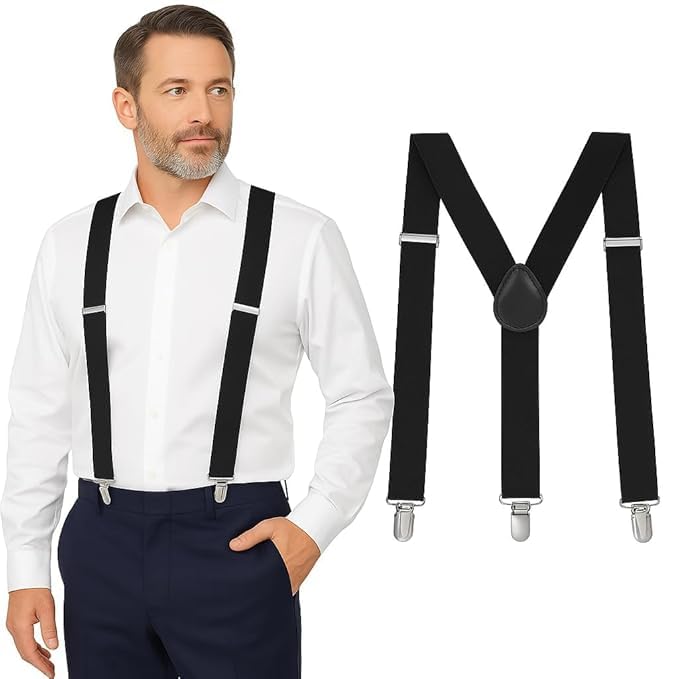 Men's Suspenders, Black, Nylon Fabric & Leather, Y-Back Style, Strong Metal Clips, Free Size-image-16