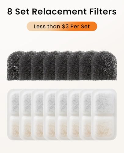 Image of oneisall 8 Replacement Filters for Cat Water Fountain PW13 PW14 | 5-Layer Filtration,4 Months Set of Replacement Filters & Sponges for 2.2L 3.2L Wireless Cat Fountain,8 Count (Pack of 1)