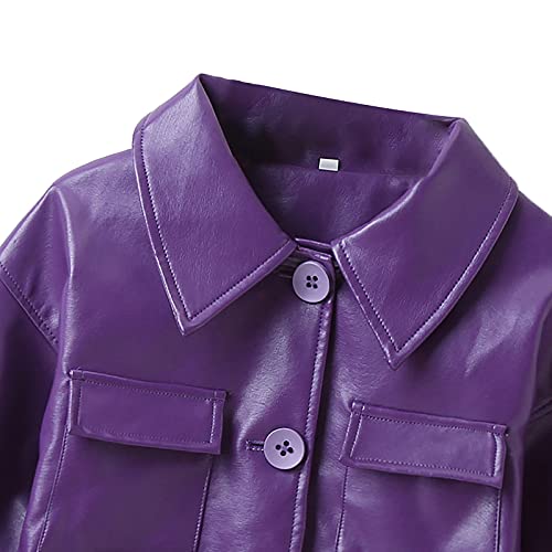 Toddler Baby Girls Fall Leather Jacket Button-Down Long Sleeve Lapel Outerwear With Pockets (Purple, 4-5T) #TOP3