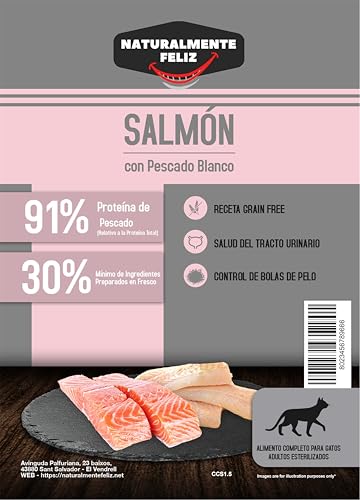 Pienso Grain Free para Gatos Esterilizados – Salmón con Pescado Blanco – 70% Pescado, Control de Peso y Salud Urinaria – 1,5 kg