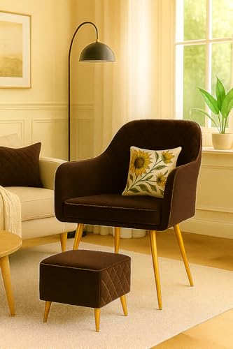 Image of Diona Premium Velvet Accent Chair with Diamond-Design Pouffe | Modern Upholstered Chair for Living Room & Bedroom | Soft Velvet Seat with Glossy Golden Metal Legs | 1Pc, Dark Brown