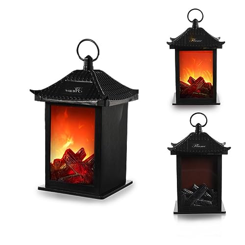 Image of Small Cozy Fireplace Lantern Traditional Realistic Log Wood Burning Flame Effect Ligh LED Charcoal Style Table LampFor Indoor & Outdoor Use(3.3''X3.3''X6.6)