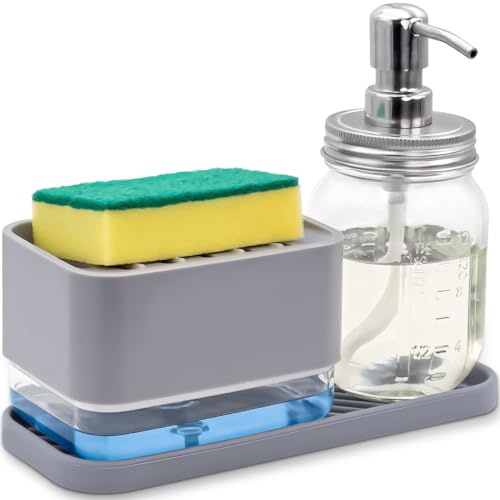 Image of New 2025 Version Hand and Dish Soap Dispenser Set with Sponge Holder and Mason Jar Soap Dispenser, Silicone Tray, for Kitchen Sink Countertop - Premium Quality Sink Dish Washing Set