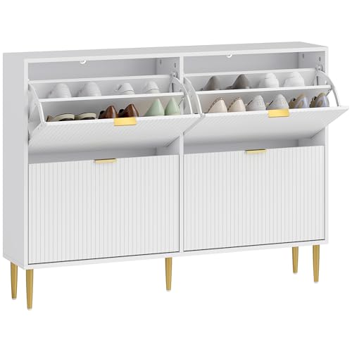 HOMCOM Scarpiera Salvaspazio Slim con 4 Ante Scanalate a Ribalta, Scarpiera Ingresso Moderna in Legno con Ripiani Regolabili su 2 Livelli, Porta Scarpe per 20 Paia con Maniglia, 105x24x91.5 cm, Bianco