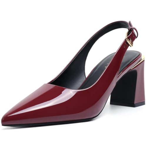 Image of Mostrin Kitten Heels for Women Pointed Toe Pumps Patent Leather Low Heel Slingback Heels with Buckle Dress Shoes for Dating Party Working