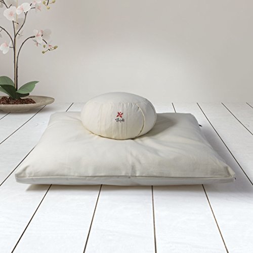 Pack Zafu + Zabutón Blanco Natural/Cojín para Yoga, Redondo/zafu/Cojín de meditación/Estera meditación, colchoneta meditación y Yoga, Base para cojín de meditación.