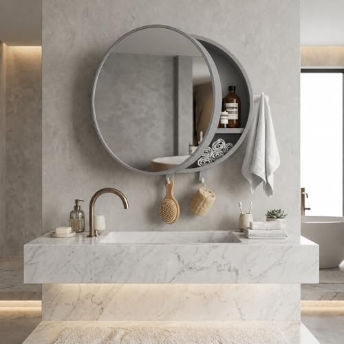 Image of CIPLA PLAST Rich Look Bathroom Cabinet with Mirror | Storage Organiser | Strong Plastic Bathroom Shelves Wall Mounted | Bathroom Accessories| Mirror Cabinet (2, Metellic Grey, Round)