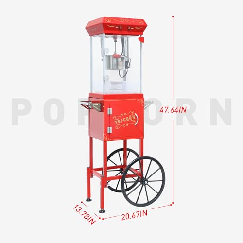 Image of Popcorn Machine 8 Oz Vintage Popcorn Maker with Cart for Home, Red | Small Dual Switch Control, Easy to Use /Clean, Retro Design, Quick Heat, Great for Home Theater Parties