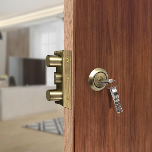 Image of VOLO Heavy Duty Tri-Bolt Rim Lock - Secure Dead Lock with Keys for Main Door, Single & Double Doors, Left & Right-Handed Use - Ideal for Home & Office (Pack of 1) (MT-02 (Antique))