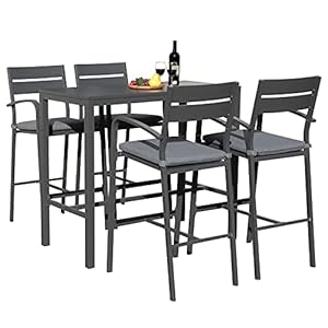 Soleil Jardin Outdoor Aluminum 5 piece Bar Set Dining Bistro Pub Set Patio Bar Height chairs with Cushion Slatted High Top Table for Backyard Garden Pool Dark Grey