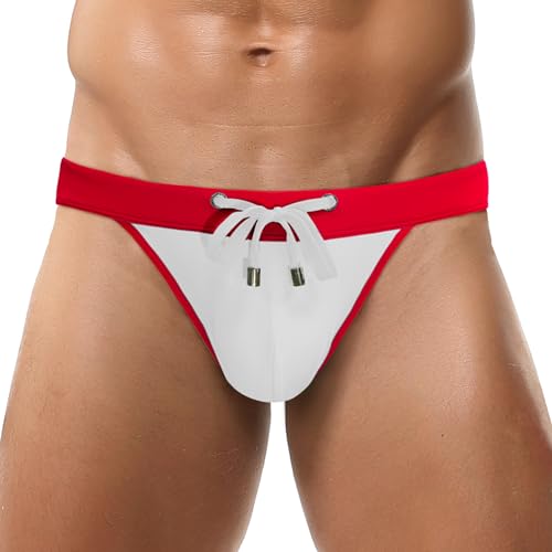 Men's Sexy Swim Briefs Low Rise Bikini Swimsuit Contour Pouch Thong Beach Swimwear with Drawstring