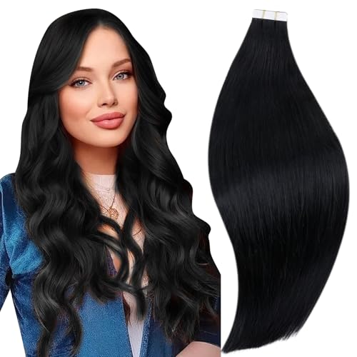 RUNATURE Black Tape in Hair Extensions Human Hair Long 28 Inch Tape Hair Extensions Real Human Hair Jet Black for Women Remy Hair Invisible Tapes 50g 20pcs #1