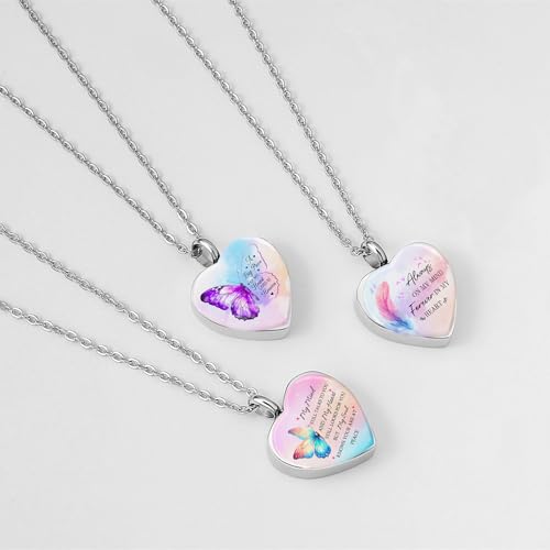 RIPFEVURN 3pcs Cremation Jewelry Heart Butterfly Urn Necklaces for Ashes for Women Stainless Steel Glass Urn Locket for Human Ashes Holder Memorial Keepsake Pendant3
