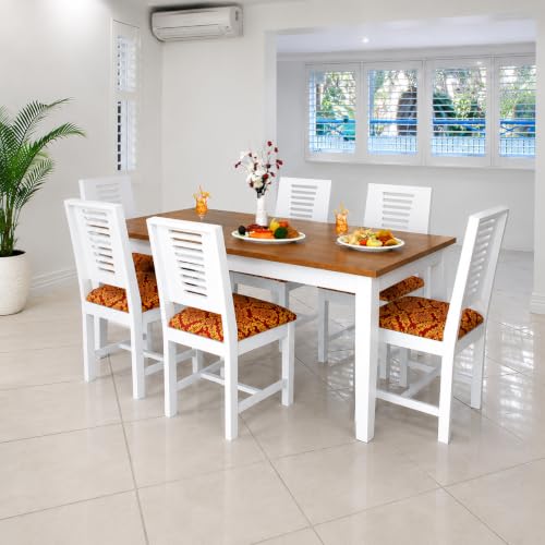 Image of Wooden 6 Seater Dining Table Set for Home & Kitchen | White & Walnut Finish Dining Set with 6 Cushioned Chairs | Table Size 57 x 30 x 29 Inches | Chair Size 17.5 x 17.5 x 38 Inches