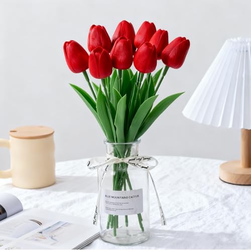 Probuk 10pcs Tulipes Artificielles Rouges en Bouquet - Symbole de Passion et d‘Amour, Décoration pour Saint-Valentin, Mariage, Maison