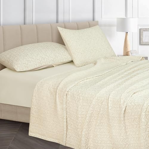Image of ROYALE LINENS Full /Queen Size 3 pc Quilt Set - Lightweight 100% Microfiber Quilted Set - Bedspread - Quilted Blanket Thin Comforter -Bedding Coverlets for All Seasons (Natural, 1 Quilt - 2 Sham)