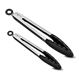 2 Pack 9-Inch & 12-Inch Cooking Tongs, Silicone Non-Stick Stainless Steel BBQ Grilling Locking Food Tong with Silicon Tips, Kitchen Utensil Set for Barbecue, Salad, Grilling, Frying, Oven Baking