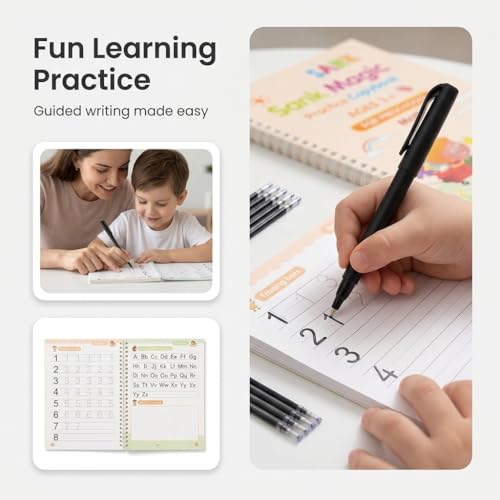Image of Magic Practice Copybook Set for Kids (4 Books + 1 Pen + 10 Refills) | Reusable Number & Alphabet Tracing Book | Magic Calligraphy Writing Practice Book for Preschool Learning Tool