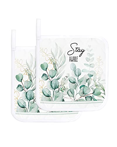 Fall Eucalyptus Leaves On White Kitchen Potholder Heat-Proof Pot Holders Watercolor Green Gold Foliage Washable Potholders Hot Pad For Cooking Baking Bbq,Set Of 2 #TOP8