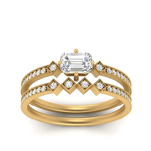 Anillos de boda East West chapado en oro amarillo con esmeralda de diseño pavé exclusivo
