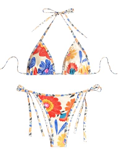 Image of ZAFUL Womens Printed Triangle Bikinis 2 Piece Halter Bikini Sets High Cut Bathing Suit Side Tie Swimsuits