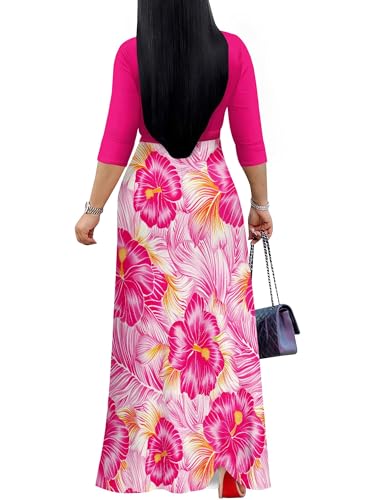 Image of Women's V Neck Floral Maxi Dress 3 /4 Sleeve Plus Size Boho Wrap Flowy Long Dresses with Belt