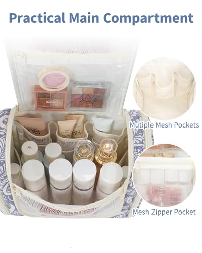 Image of Hanging Travel Toiletry Bag Cosmetic Make up Organizer for Women and Men, Blue Leaf (Large),