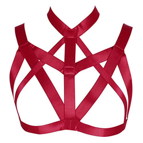 Women's Harness Bra Elastic Adjustable Punk Bra Gothic Carnival Dance Costume Accessories Wine Red