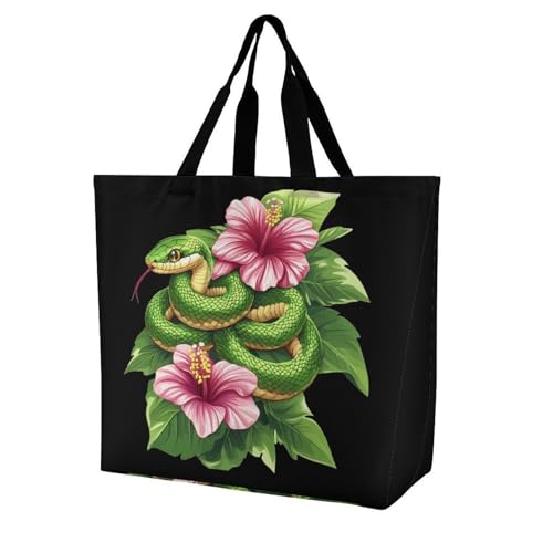 Green Snakes Flowers Shopping Bags Large Capacity Tote Bag Reusable Grocery Bags Storage Bag for...