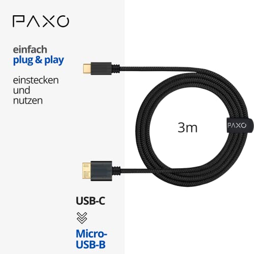 PAXO 3m Nylon USB C-MICRO USB 3.2 Gen2 hard disk cable, 10Gbit/s, USB HDD cable, data cable, charging cable black - Image 2
