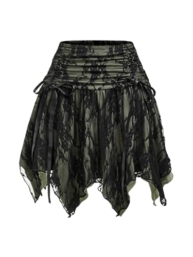 SHENHE Women's Lace Patchwork Mini Skirt Asymmetrical Drawstring Ruched Short Skirts
