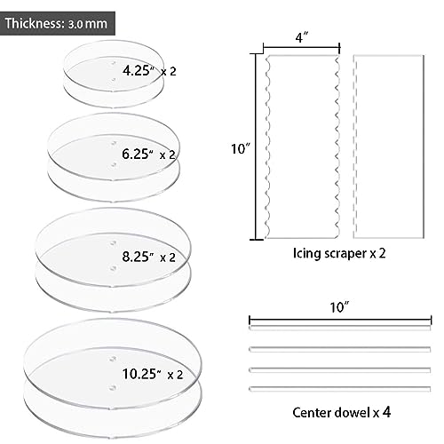 Boyun Acrylic Cake Disc, Clear Cake Decorating Supplies with 8 Round Acrylic Discs, 2 Icing Scraper And 4 Center Dowel, 5 Cake Cream Spatula, Acrylic Discs For Icing Cakes(4.25/6.25/8.25/10.25 Inch)