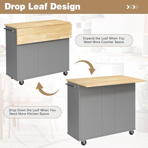 Shintenchi Kitchen Island with Folding Drop Leaf, Rolling Island Table with Storage, Kitchen Cabinet on Wheels with Seating Area for Kitchen, Bar Cart with Cabinet, Gray