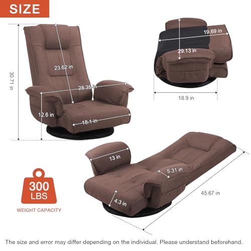 Image of Ergonomic Swivel Floor Gaming Chair with Armrests & Side Pockets, 6-Position Reclining Sofa Bed, Foldable Padded Lounger with Thick Cushion & Lumbar Support for Esports, Reading, TV Watching (Brown)