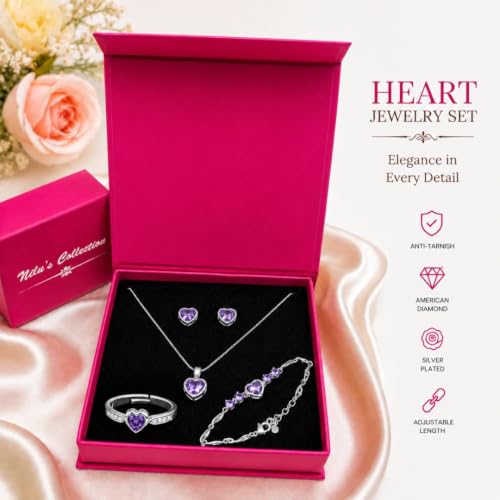 Image of Nilu's Collection Rose Gold And Silver Plated Heart Shape Jewellery Set For Women