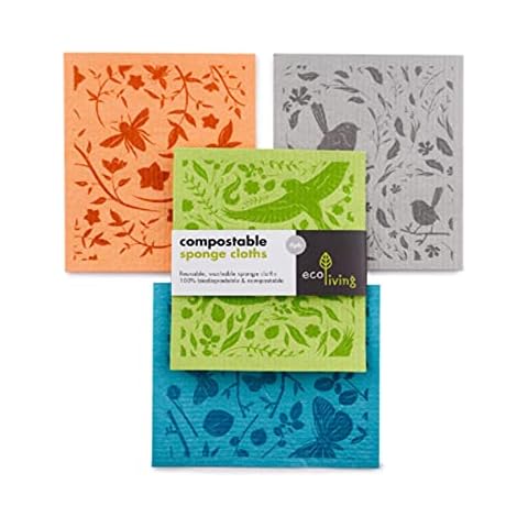 ecoLiving Compostable Sponge Cleaning Cloths - Dishcloth - Eco Friendly & Sustainable Biodegradable Cellulose Sponge Cloths - Kitchen Cleaning Cloth (Garden Print) Cover