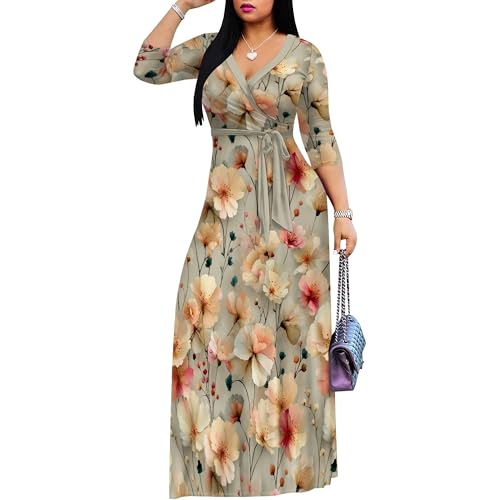 Image of Women Plus Size Long Sleeve V Neck Maxi Dress with Belt | Soft fabric relaxed fit three quarter sleeve v neck with pockets for party and daily wear