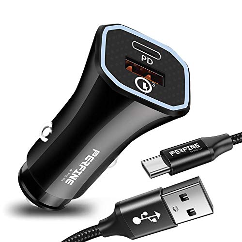 PERFINE 36W Cargador Coche Rápido, 2 Ports [USB-C PD 3.0 + USB-A QC 3.0] USB Móvil Coche Carga con Cable para Samsung S10/S9/S8, Huawei P30/P20/P40, Xiaomi/Redmi, OPPO, iPhone 11/X/8/7, iPad, Macbook