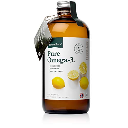 Natural Force Pure Omega 3 - Liquid Fish Oil - Delicious Lemon Cake Flavor - Mercury Free, Wild Caught, Lab Tested - 1,370 mg Triglyceride EPA, DHA, & DPA - 16 Oz Glass Bottle