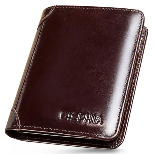 RFID Blocking Trifold Genuine Leather Wallets for Men, Vintage Short Multi Function Credit Card Holder,Money Clips with 2 ID Windows Give Gifts to Men(Oil Wax Coffee)