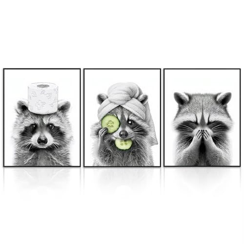 Dazzlewall Set di 3 Poster Procioni Divertenti Bianco e Nero per Bagno Lavanderia 30×40 cm Senza Cornice