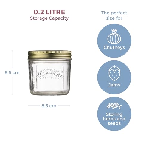 Image of Kilner Premium 200ml Wide Mouth Airtight Leakproof Preservative Glass Jar with Screw Lids for Storing and Preserving | Dishwasher Safe, Transparent, Reusable, BPA Free